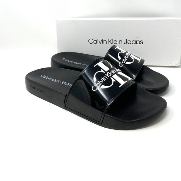 ?MEGA SALE? Calvin Klein Mavett Monogram Slide Sandal Black Men\'s Size Calvin Klein Mens Designer Black Pool Slider Sandals main image 3